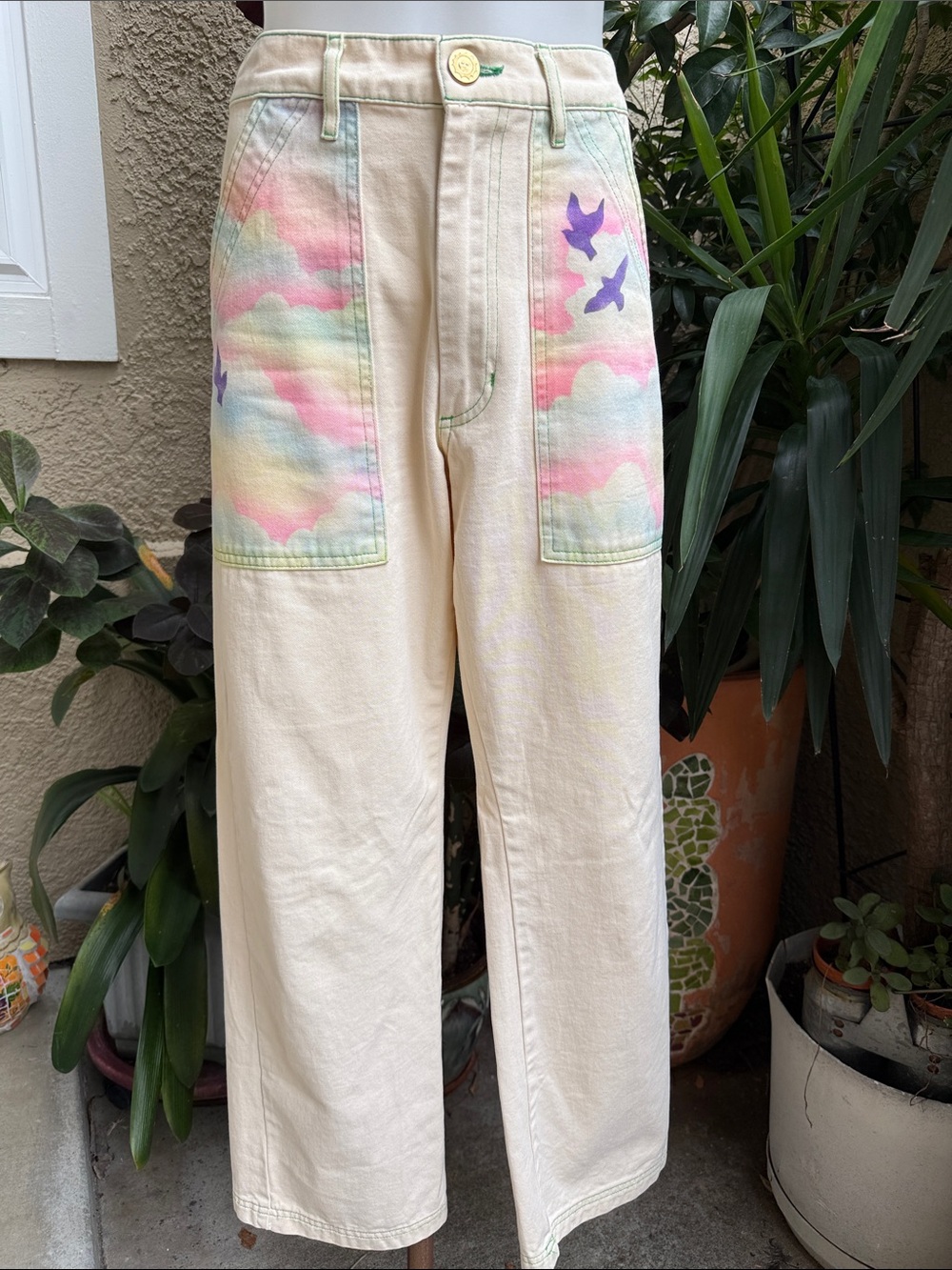 Big Bud Press Cream Wide-Leg Jeans with Pastel Cloud & Purple Bird Pocket Art